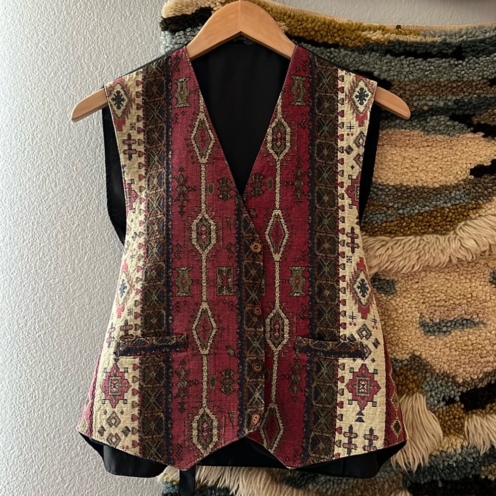Vest Waistcoat Vintage Unisex Tribal Aztec Western Woven Tapestry Button Front